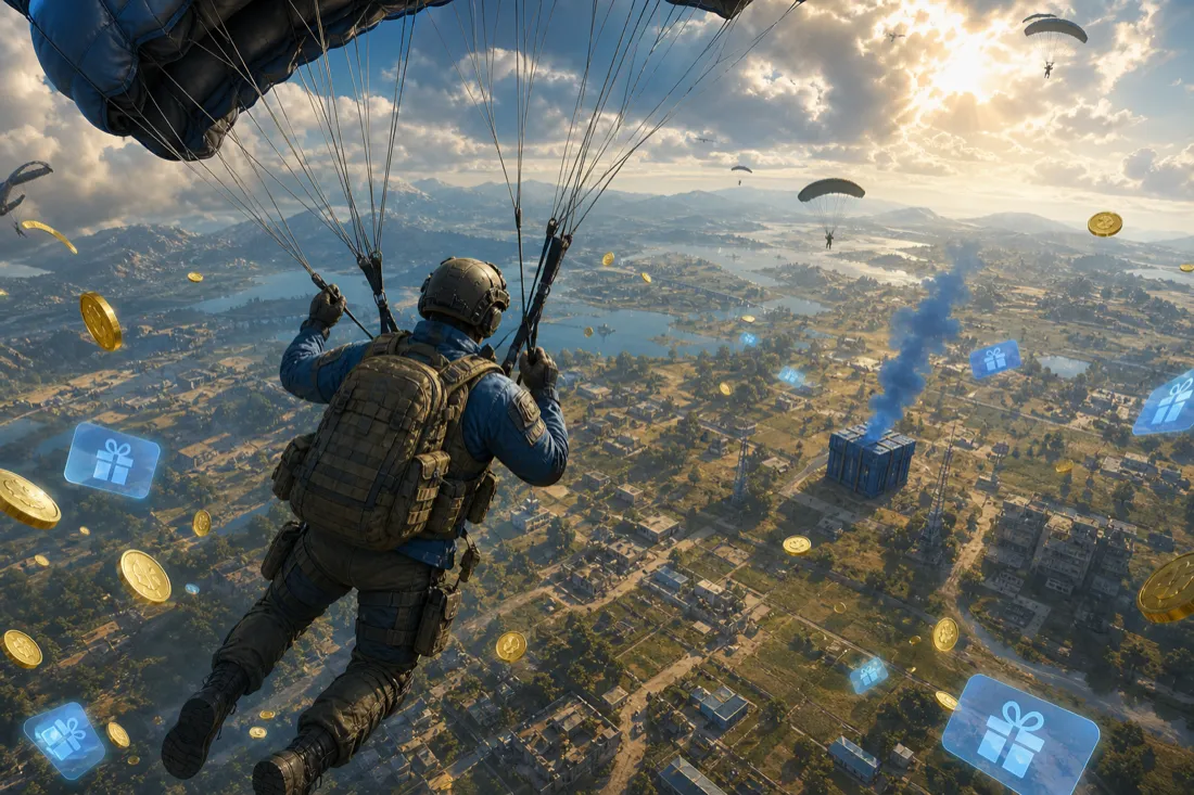 Original soldier parachuting onto a battle-royale map with floating gift-card rewards
